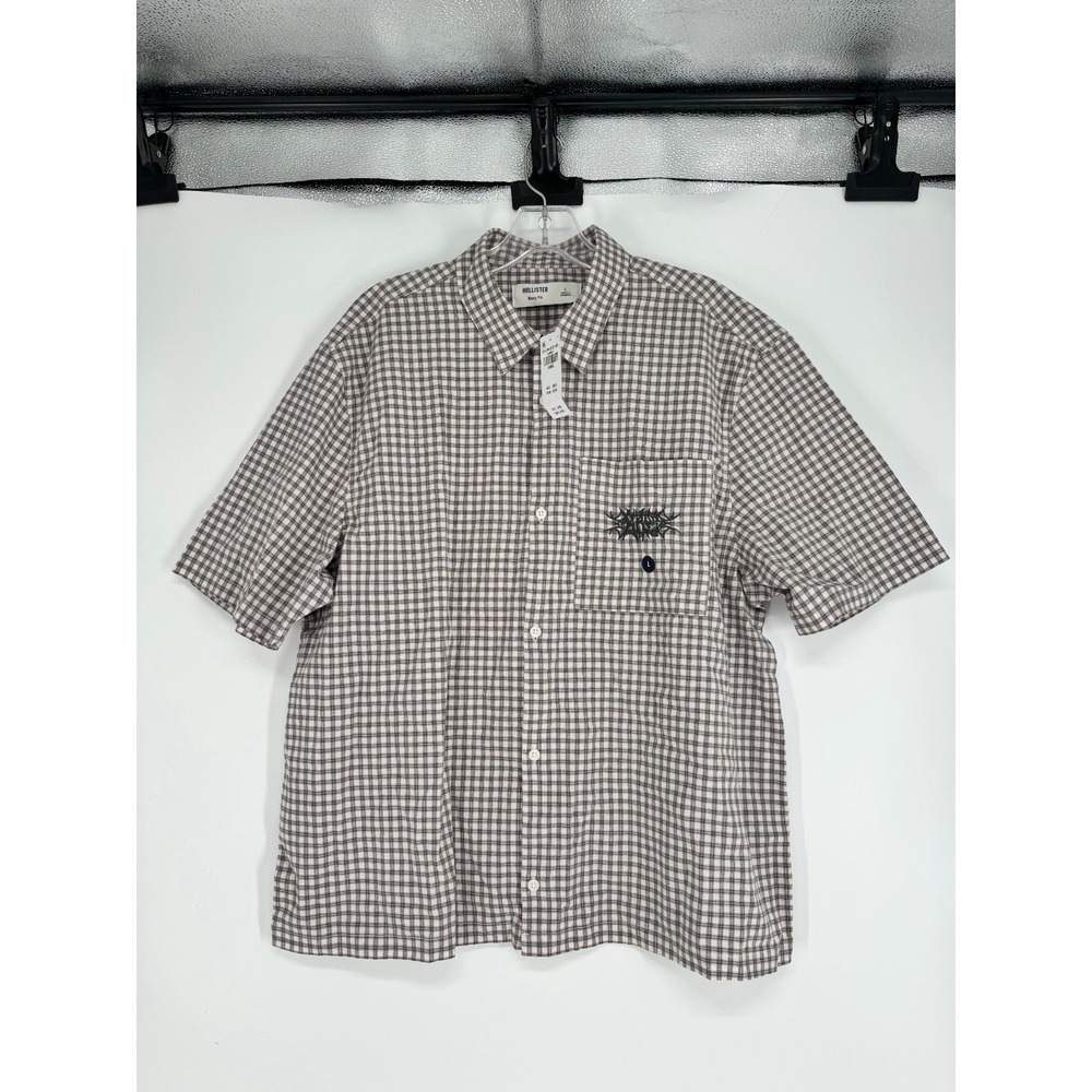Hollister Shirt Mens Large Plaid Boxy Fit Short Sleeve Button Up Embroidered